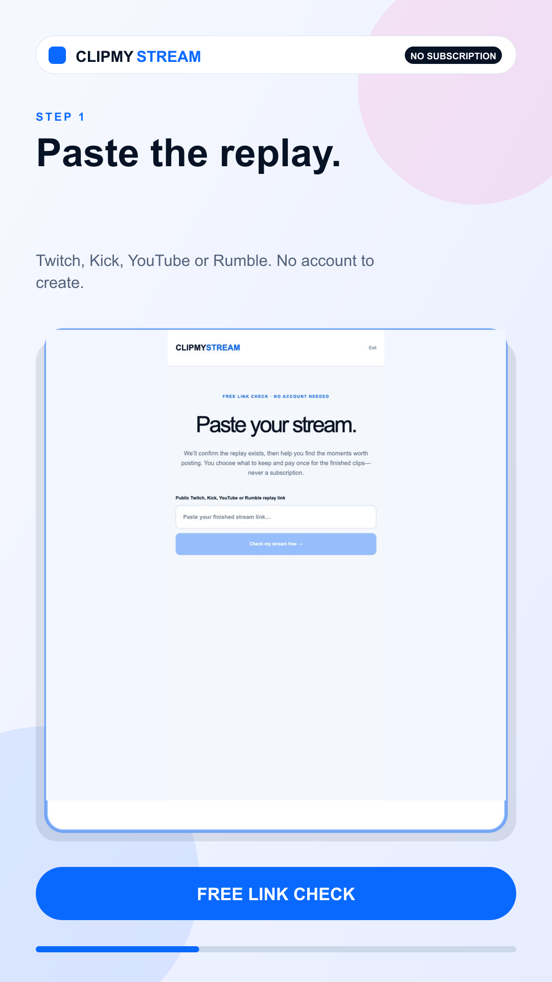 ClipMyStream product walkthrough showing a stream replay being checked and turned into selectable clips